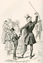 Sr. Micawber Leva David para casa. "Caminhámos juntos para a nossa casa, Sr. Micawber impressionando os nomes das ruas, e as formas das casas das esquinas sobre mim, à medida que íamos avançando". Ilustração de Harry Furniss para o romance de Charles Dicke