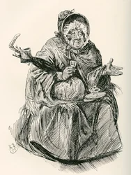 Sra. Gamp. Ilustração de Harry Furniss para o romance de Charles Dickens Martin Chuzzlewit, de The Testimonial Edition, publicado em 1910.