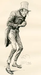 Newman Noggs. Ilustração de Harry Furniss para o romance de Charles Dickens Nicholas Nickleby, de The Testimonial Edition, publicado em 1910.