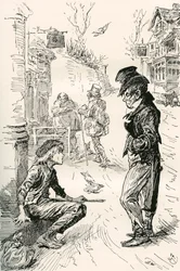 Oliver cai com The Artful Dodger. "Hullo, meu coiro, qual é a fila?" disse este estranho jovem cavalheiro a Oliver. "Estou com muita fome e cansado", respondeu Oliver; as lágrimas em pé nos seus olhos enquanto ele falava. "Percorri um longo caminho. Tenho 