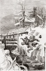 A Luta Mortal na Fechadura. "Aint I told you". "Vou manter-te vivo, e vou manter-te morto" gritou Bradley, enquanto o Riderhood recuava sobre o poço liso, e Bradley Headstone sobre ele". Ilustração de Harry Furniss para o romance de Charles Dickens
