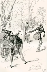O duelo depois do baile. " Os olhos do Sr. Winkle estando fechados, impediram-no de observar o comportamento extraordinário e irresponsável do Dr. Slammer. Aquele cavalheiro olhou, esfregou os olhos, e, finalmente, gritou "Parem, parem! não é esse o homem"