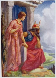 Odin e Frigga" de "Asgard e o seu rei" ilustrado para "Histórias infantis das lendas do Norte" publicado por Raphael Tuck