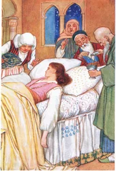 A Princesa Aldebonda e os seus Médicos (do conto "Os Peregrinos do Amor"), ilustração de "Contos de Alhambra", c.1940 (litografia a cores)