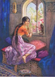 "Rama: Sussurrou Hanuman mais uma vez". Das Aventuras de Rama e Sita, ilustração de "Childrens Stories from Indian Legends", c.1930 (litografia a cores)