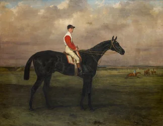 Cavalo de corrida Chippendale-A com jóquei no Hipódromo de Newmarket, c.1874 (óleo sobre tela)