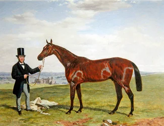 Retrato de um cavalo de corrida com o seu treinador (óleo sobre tela)