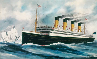 Navio de passageiros "Titanic" (1912) a navegar no Atlântico Norte, passando por icebergues