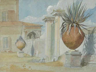 Villa Massimi, Roma: Porta Flanqueada por Palmeiras em Grandes Boiões de Terras