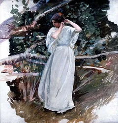 Jovem mulher com um vestido comprido branco (painel)