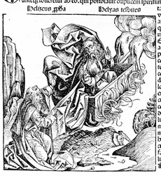 Elias se levanta em uma carruagem de fogo, deixando sua propriedade para Eliseu. Hartmann Schedel: Crónica de Nuremberga. Nuremberga 1497