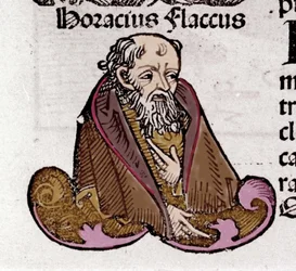 Retrato de Horace (Quintus Horatius Flaccus) (65-8 AC), poeta latino. Em "Liber Chronicarum", de Hartmann Schedel. 1497