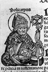 Retrato de São Policarpo de Esmirna (ca. 69-155), eveque. Gravura de "Crônicas de Nurembergue" de Schedel Hartmann (1440-1514)