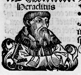 Retrato do filósofo grego Heraclito de Éfeso (Heraclito de Éfeso, 576-480 AC). Xilografia de "Crónicas de Nuremberga" de Hartmann Schedel