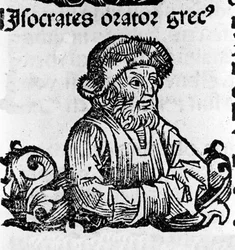 Retrato do orador do sótão Isorate (436-338 AC). Xilografia de "Crónicas de Nuremberga" de Hartmann Schedel