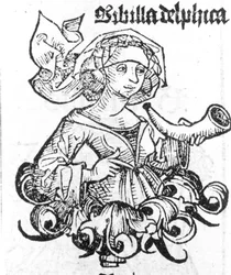 Representação da Pythia de Delfos. Xilografia de "Liber chronicarum" de Hartmann Schedel, Nuremberga 1497