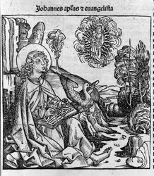 Representação do evangelista São João. Gravura de "Liber chronicarum" (Crónicas de Nuremberga) de Hartmann Schedel 1493