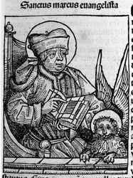 Representação do evangelista São Marcos. Gravura de "Liber chronicarum" (Crónicas de Nuremberga) de Hartmann Schedel 1493