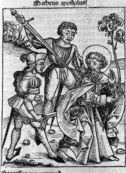 Representação do evangelista São Mateus. Gravura de "Liber chronicarum" (Crônicas de Nuremberg) de Hartmann Schedel 1493