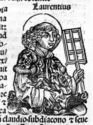 São Lourenço segurando na mão a grelha, um instrumento do seu martírio. Gravura do "Liber Chronicarum de Hartmann Schedel".