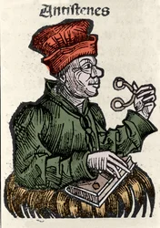 O filósofo grego Antisthene (444-365 a.C.). Xilografia de "Crónicas de Nuremberga" de Hartmann Schedel