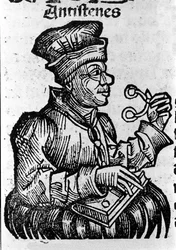 O filósofo grego Antisthene (444-365 a.C.). Xilografia de "Crónicas de Nuremberga" de Hartmann Schedel