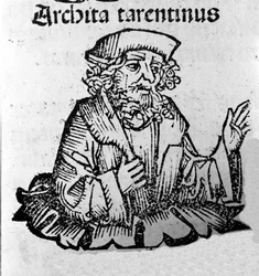 O filósofo grego Archytas de Taranto (435-347 AC) filósofo pitagorista, matemático, astrônomo. Xilografia de "Crónicas de Nuremberga" de Hartmann Schedel