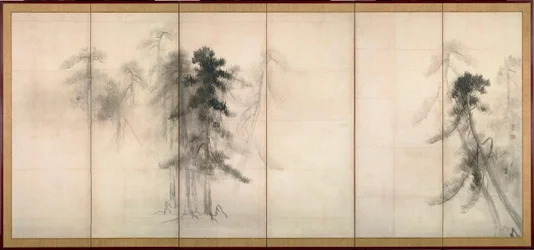 «Pinheiros». Tinta sobre papel de Hasegawa Tōhaku (1539-1610), século XVI, dimensões 156 x 356 cm, Japão, Museu Nacional de Tóquio