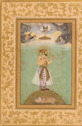 O imperador Shah Jahan de pé sobre um globo terrestre