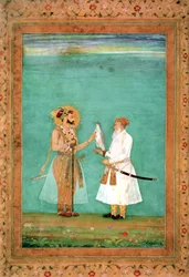 Imperador Shah Jahan e um cortesão idoso com um falcão, c.1650