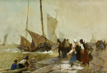 Um cais movimentado na Bretanha com barcos de pesca retornando,