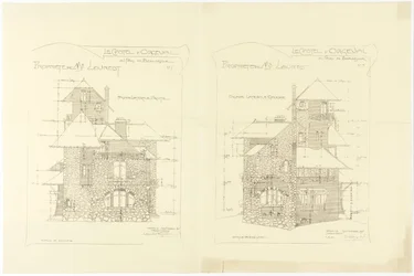 Elevações, fachadas laterais direita e esquerda, Castel d&39;Orgeval, Parc Beausejour, perto de Paris