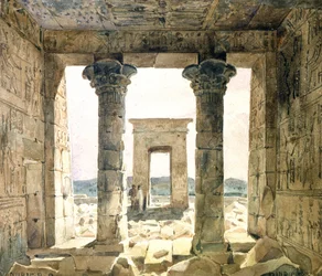 Ruínas do complexo de templos de Dendera: Vista para o exterior entre duas colunas em direção ao portal (pilone). Aguarela de Hector Horeau (1801-1872) arquiteto francês.