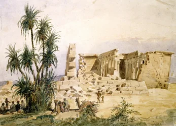 Templo de Marharraka, Assuão, Núbia, Egito. Aguarela de Hector Horeau (1801-1872) arquiteto francês.