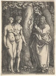 Deus, à direita, proibindo os nus Adão e Eva à esquerda para comer da árvore do conhecimento em ..., 1540.