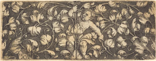 Ornamento com folhagem e uma criança no centro, 1539.