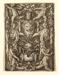 Ornamento com máscara e figuras grotescas
