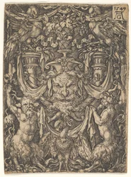 Projeto decorativo com uma máscara e uma águia entre dois faunos abaixo, 1549.