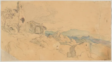 Paisagem montanhosa com cabana e ruínas