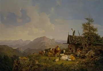 Paisagem em Oberbayen com pastores e o seu gado a descansar junto a uma cabana