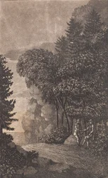 Paisagem com rochas e grandes árvores, t.h. dois homens