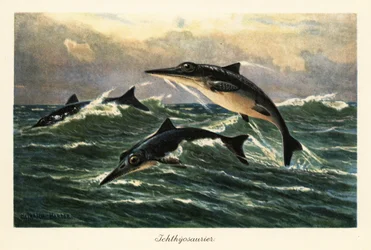 Ictiossauros extintos saltando acima do oceano.