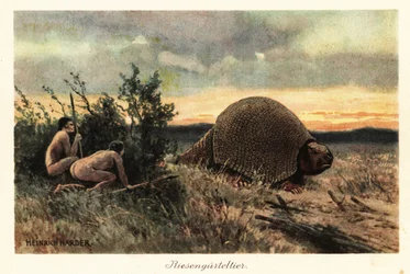 Homens primitivos com lanças caçando um gliptodonte.