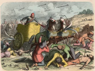 Antigo Oriente, carruagem de guerra persa durante uma batalha