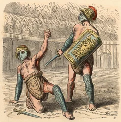 Roma Antiga: luta de gladiadores em anfiteatro