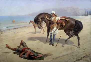 Amazonas (Amazon). Uma mulher amazónica descobre um marinheiro adormecido na costa. Pintura por Heinrich Genrich Matveyevich Maniser (1847-1925), óleo sobre tela. Arte russa, século XX. Museu Regional de Arte M. Vrubel, Omsk (Rússia)