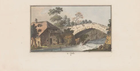 Casa ao lado de uma ponte sobre um rio em Orbe à Orbe (título no objeto) Paisagens na Suíça (título da série) Sammlung einiger Aussichten in der Schweiz (título da série)