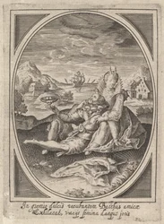 Um casal sentado no chão, o homem segurando um cálice e reclinado contra o ..., ca. 1585-1621.