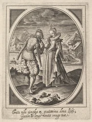 Um homem caminha em direção a uma mulher que segura um cálice na boca, um moinho de água e um monte ..., ca. 1585-1621.