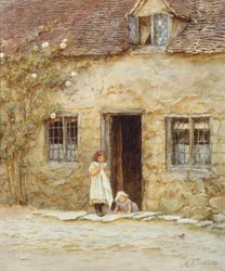 Na porta da casa de campo (aguarela com arranhões)